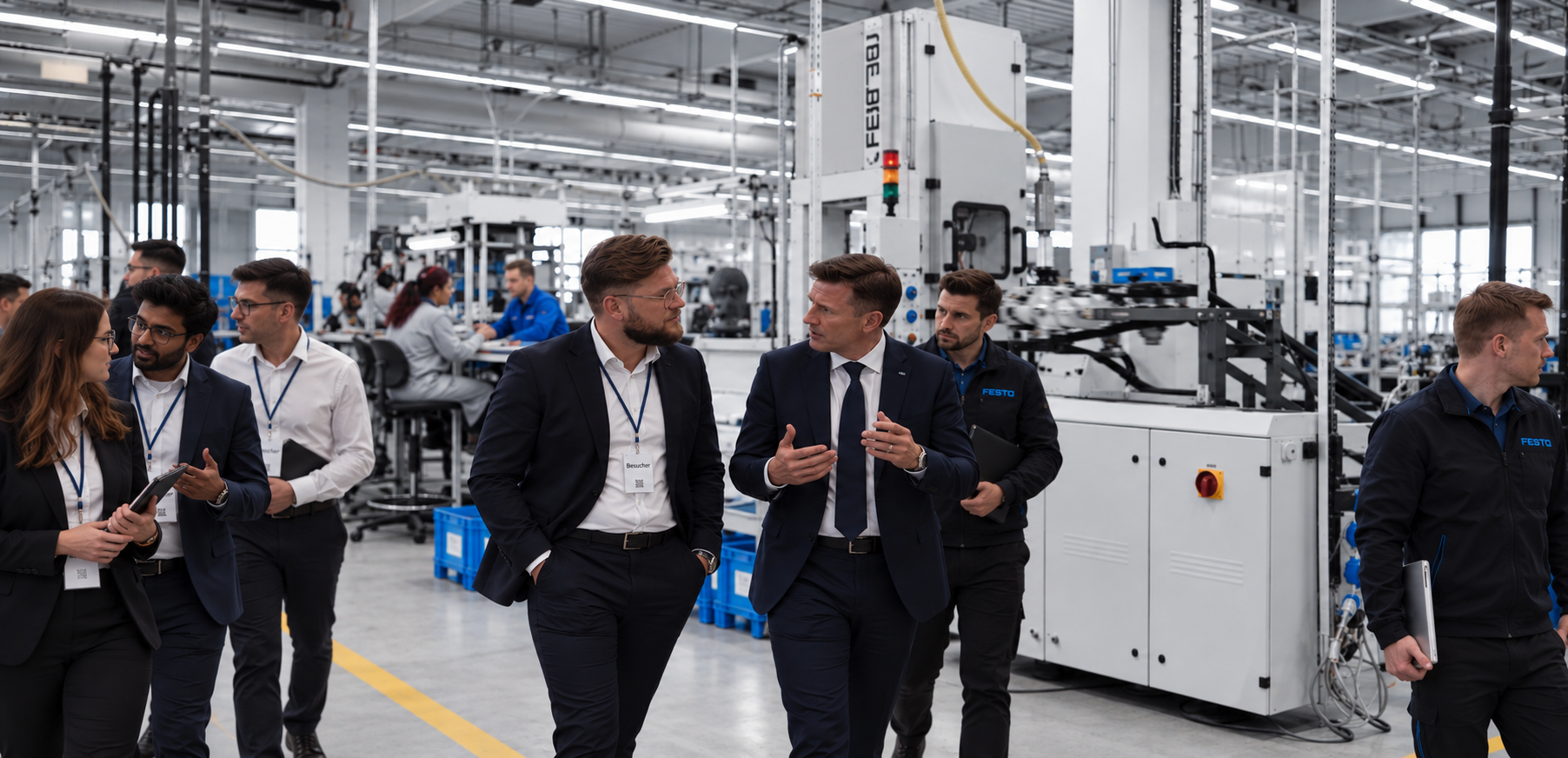 Kevin Maiworm im fachlichen Austausch in einer industriellen Fertigung, direkt an den Maschinen